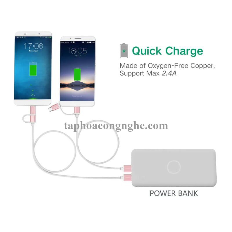 Ugreen 30542 0.5M màu Hồng Cáp USB-A sang Micro USB + USB-C cao cấp US177 30030542